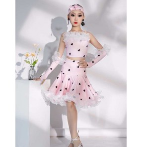 Pink heart pattern latin dance dresses for girls kids ruffles salsa ballroom latin dance outfits stage party performance dance wear for Children